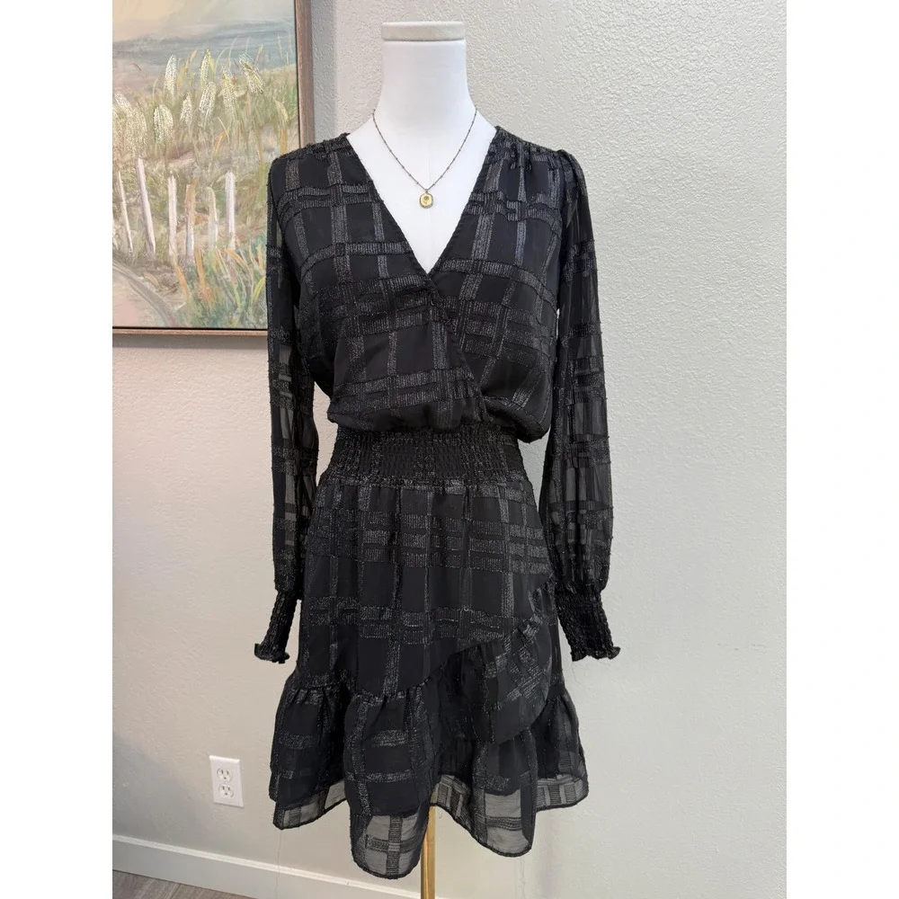 Michael Kors Black Silver Metallic Plaid Smocked Waist Ruffle Mini Dress S